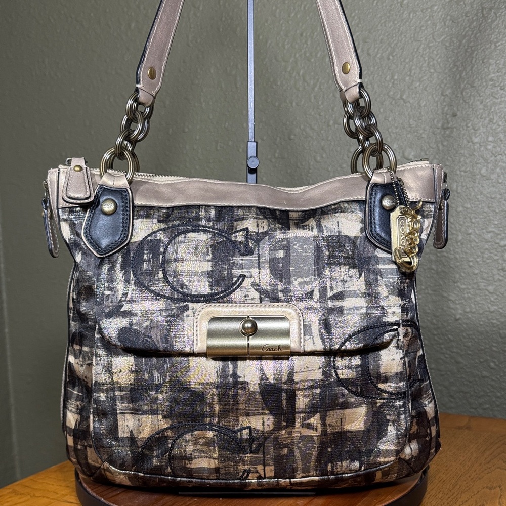 Coach Kristin Plaid Signature Embroidered Metallic Lurex Expandable Tote